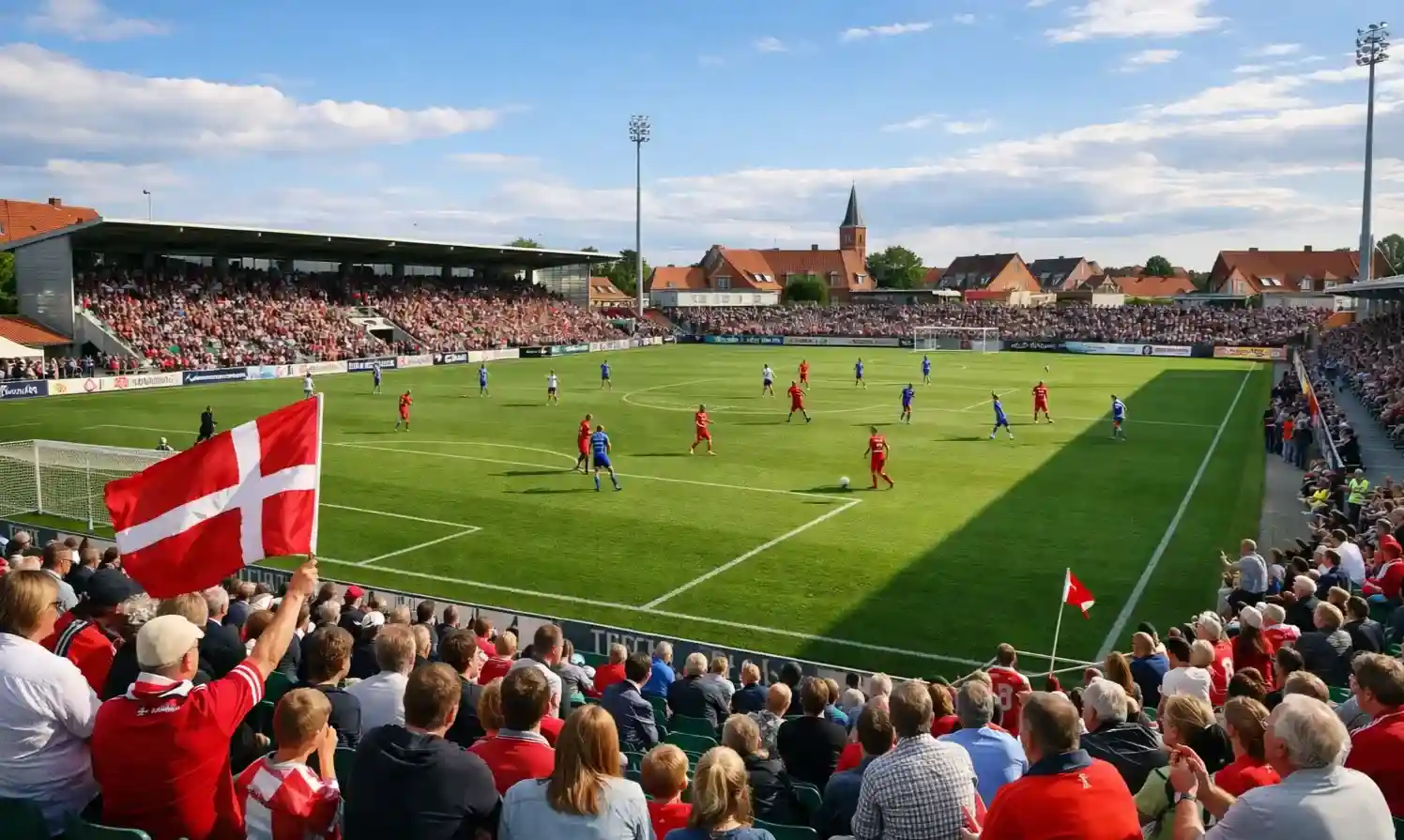 Dansk 1. Division fodboldstadion med lokale fans og intim atmosfære