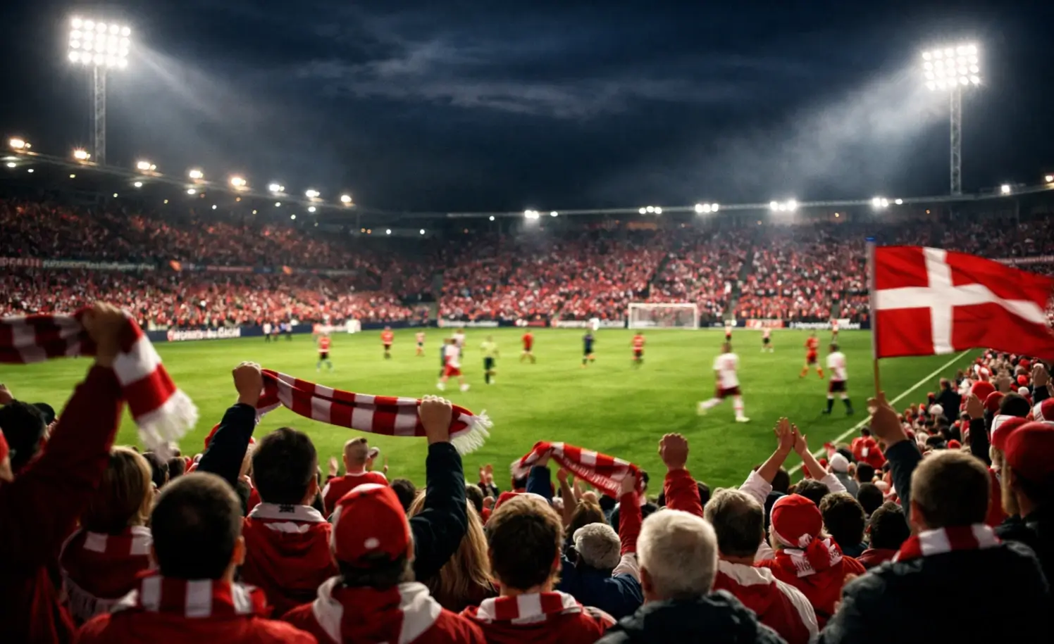 Dansk fodboldstadion med lidenskabelige fans og intens kampdag atmosfære