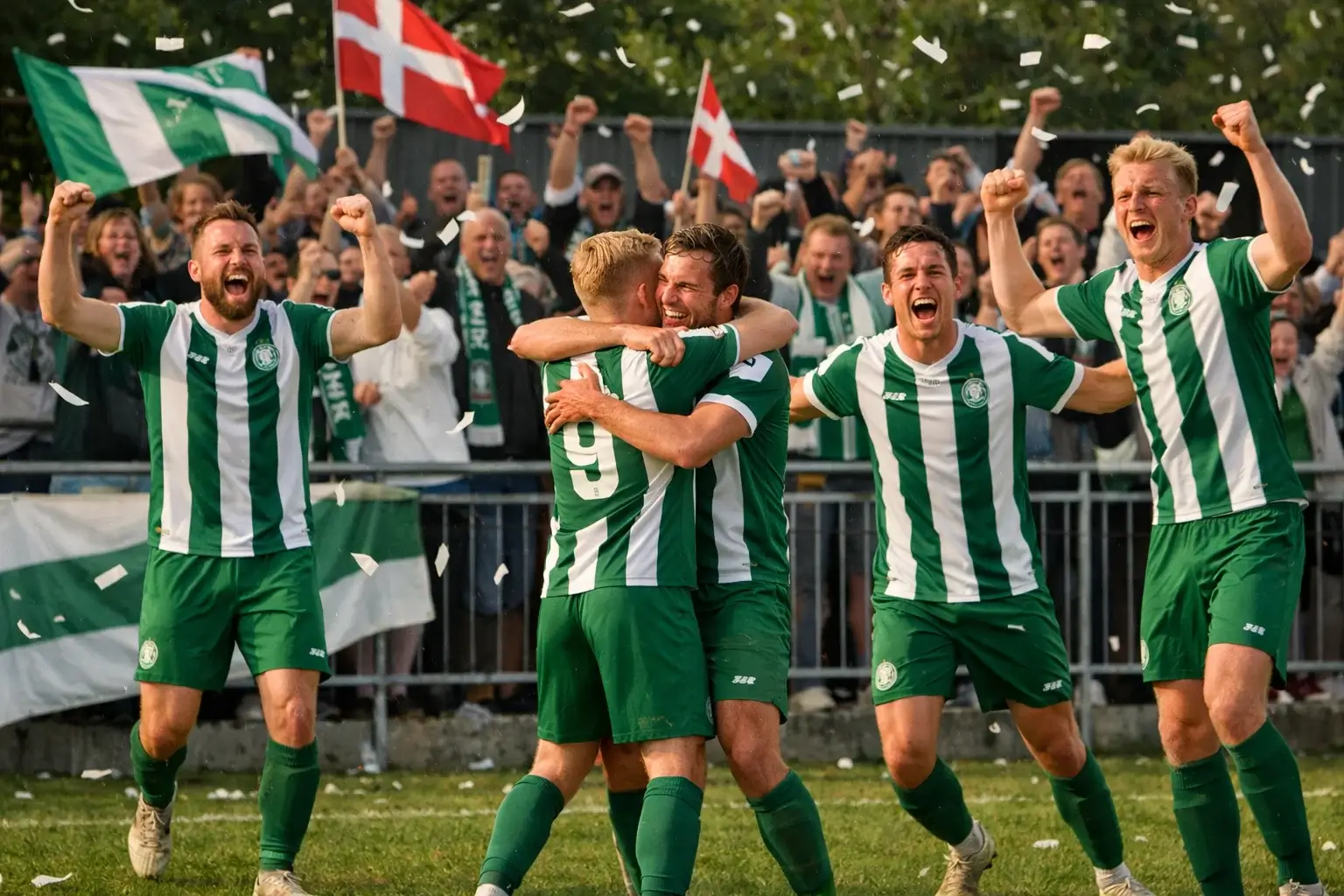 Fodboldspillere fejrer oprykning til Superligaen med fans i baggrunden