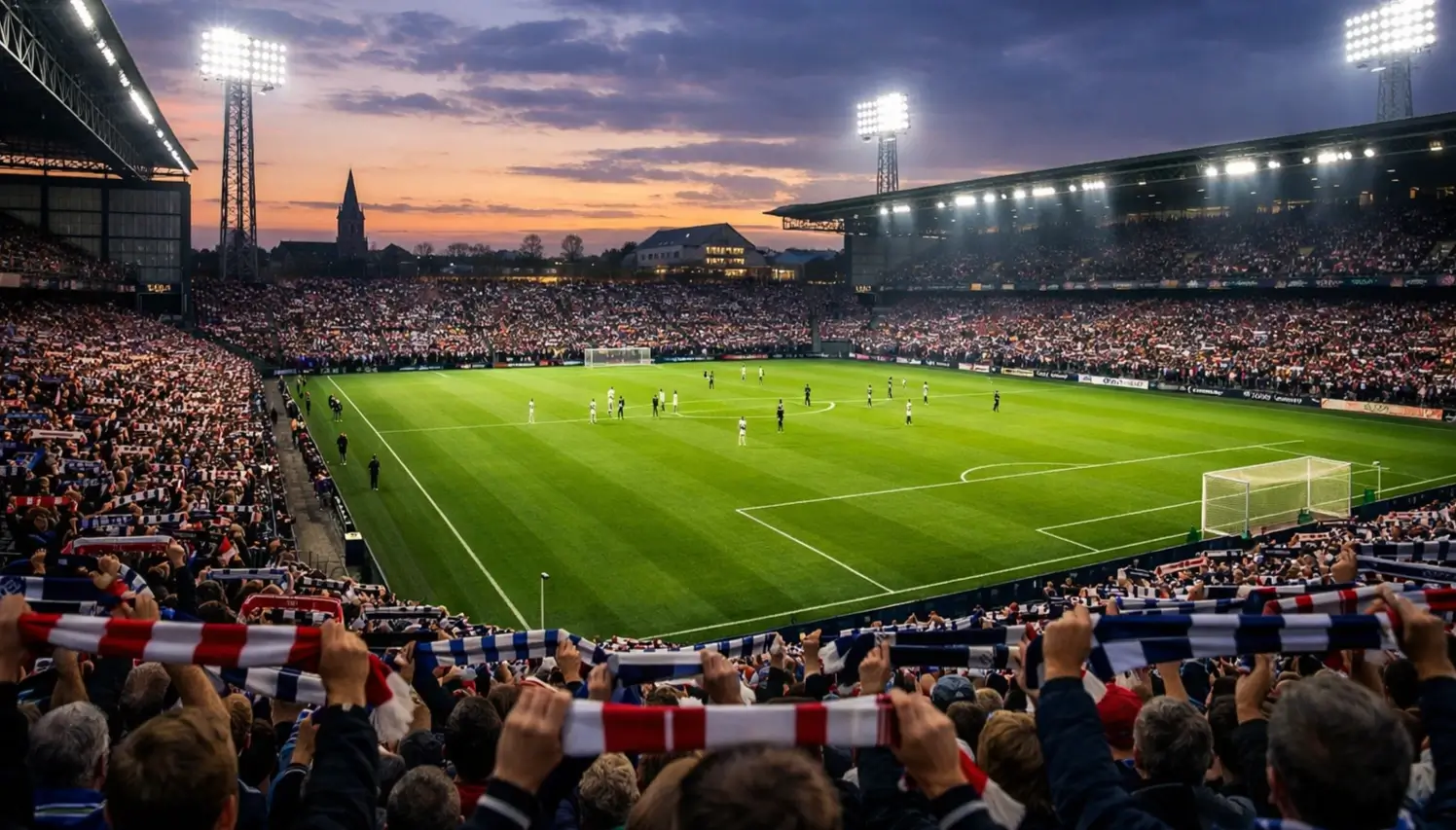 Dansk fodboldstadion med intens atmosfære under Superliga-kamp
